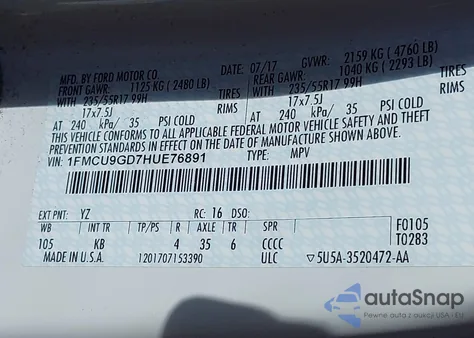 2017 Ford Escape Se из США, поврежденный, VIN 1FMCU9GD7HUE76891